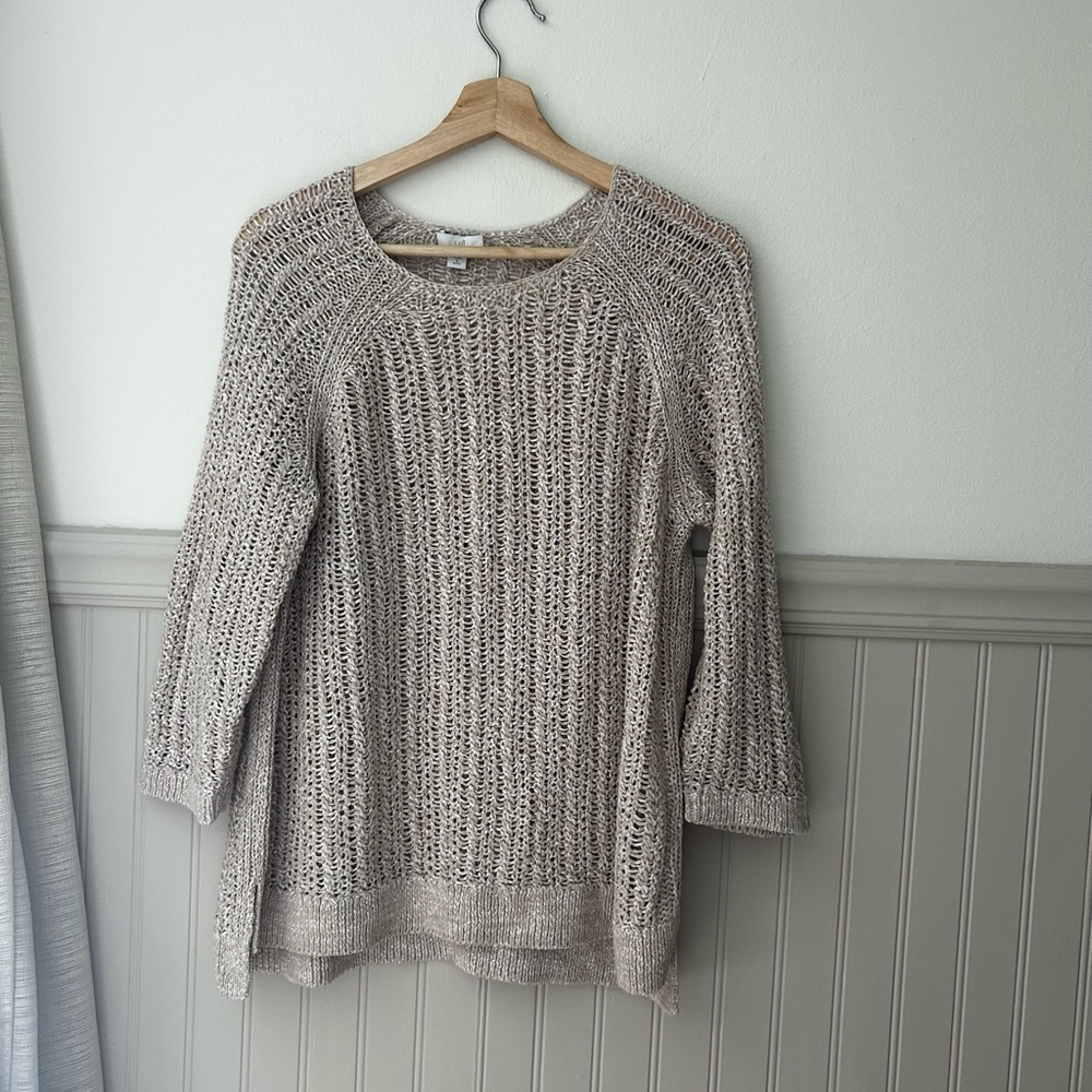 J. Jill Women’s Small Beige Oatmeal Open Knit 3/4 Sleeve Lightweight Sweater